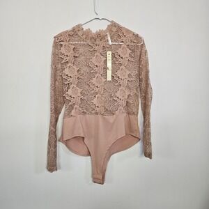 NWT Womens 2X Floral Sheer Long Sleeve Bandage Body Suit Mock Neck Floral Lace